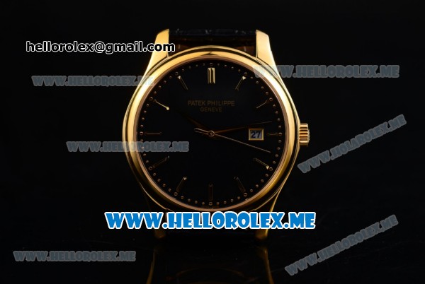 Patek Philippe Calatrava Miyota Quartz Yellow Gold Case with Black Dial and Black Leather Strap Stick Markers - Click Image to Close
